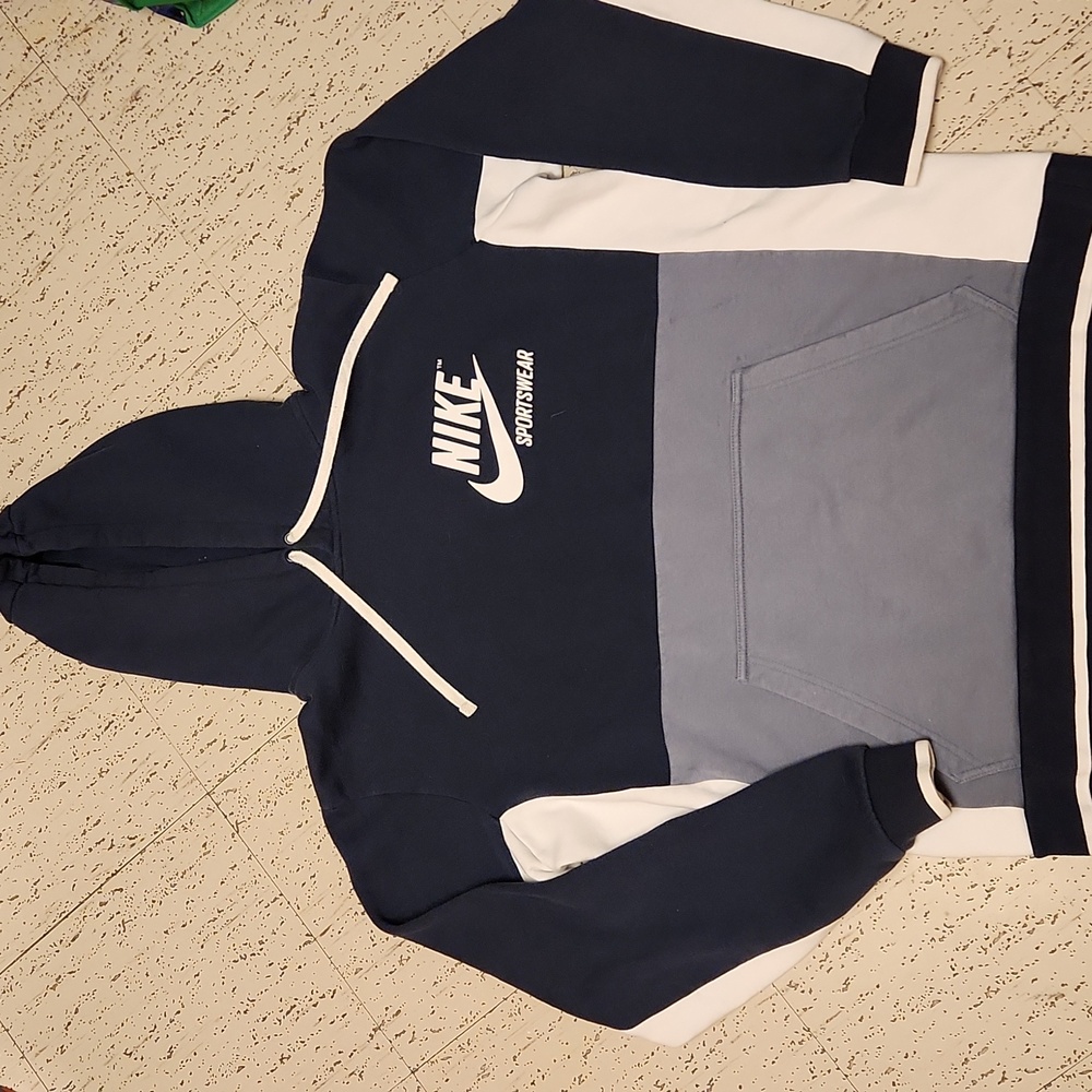 Nike Sportswear Big Logo Spellout Pullover Hoodie Sweater Blue, Grey And White